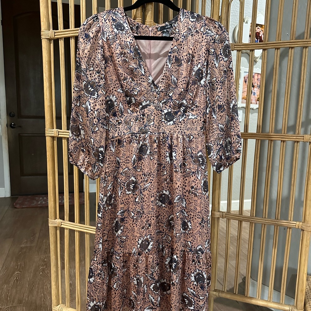 Aqua mauve floral ruffle midi dress XS